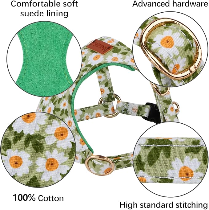 CHEDE No-Pull Floral Pattern Dog Harness - Lightweight and Soft, Adjustable for Small and Medium Dogs (XS, Green Daisy)