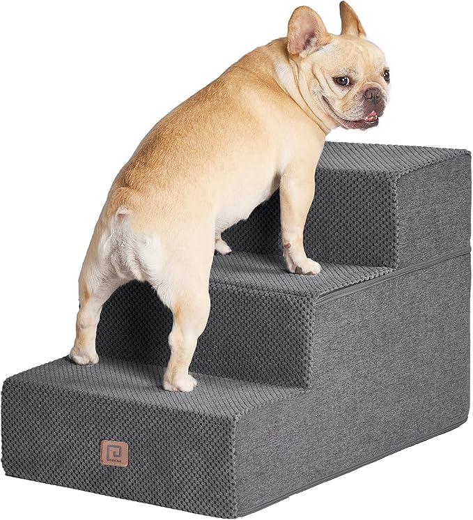 EHEYCIGA Dog Stairs for Small Dogs 16.5”H, 3-Step Extra Wide Dog Steps for Couch Sofa and Chair, Pet Steps for Small Dogs and Cats, Non-Slip Balanced Pet Ramp, Grey