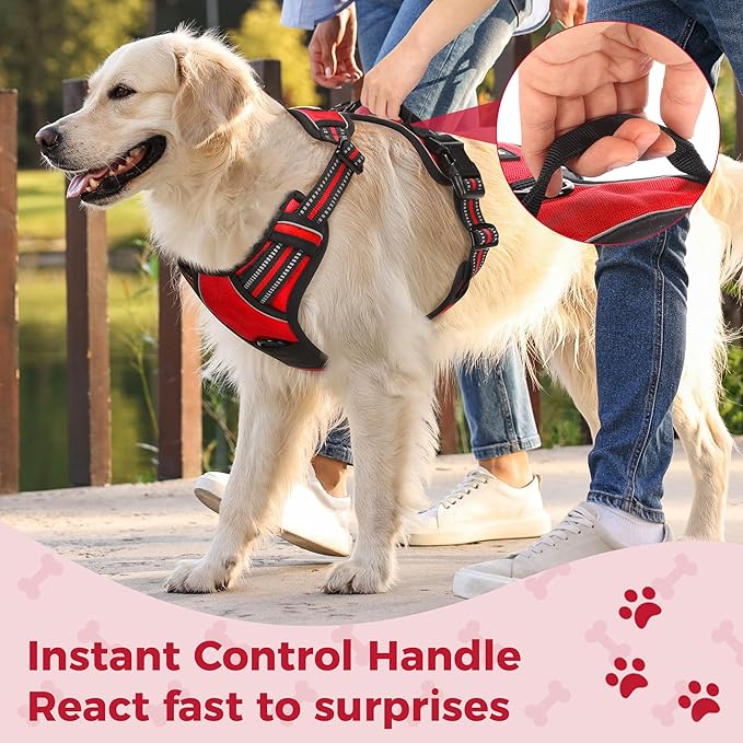 Funfox Dog Harness No Pull, Adjustable Pet Vest Harness Red XL with Handle, 2 Leash Clips for Daily Walking Easy Control, Soft Durable Reflective Comfortable for X-Large Breed Dogs