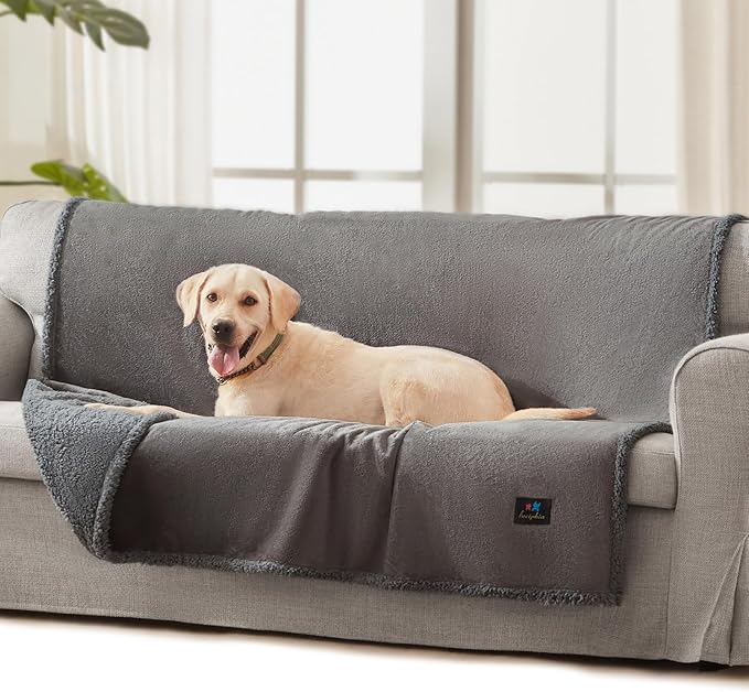 Luciphia Waterproof Blanket for Large Dogs Liquid Proof Furniture Protector Washable Pet Reversible Bed Cover for Couch Soft Sherpa Fleece Cat Blanket for Small Medium Light Grey Large（65" x 57"）