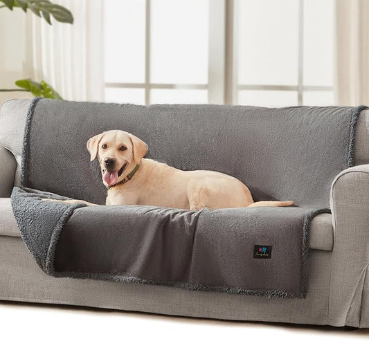 Luciphia Waterproof Blanket for Large Dogs Liquid Proof Furniture Protector Washable Pet Reversible Bed Cover for Couch Soft Sherpa Fleece Cat Blanket for Small Medium Light Grey Large（65" x 57"）
