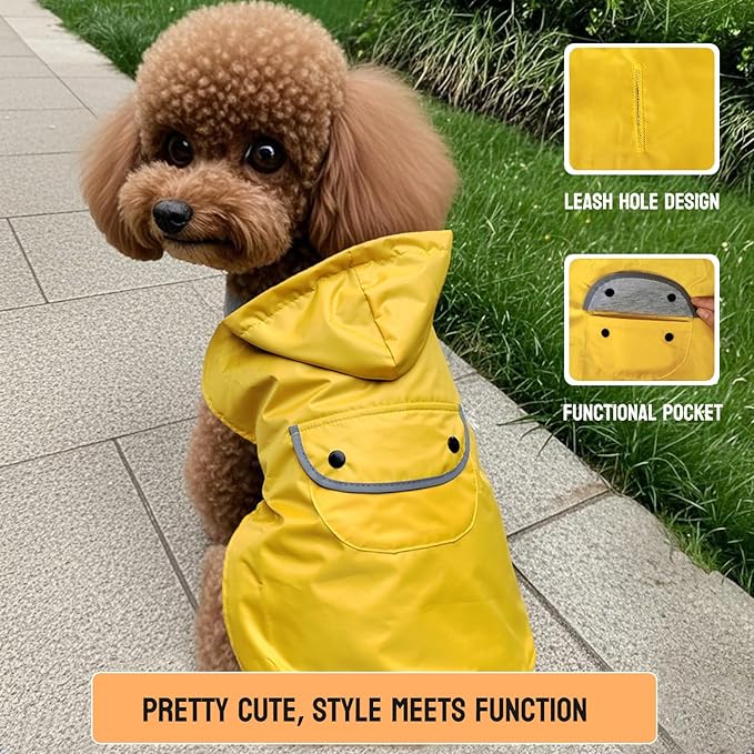 Small Dog Raincoat Puppy Dogs Rain Jacket Reflective Lined Breathable Poncho Rainwear Waterproof Pet Clothes Pocket Hooded Leash Hole Adjustable Puppy,Yellow,XS,Back Length 6.3 Inch