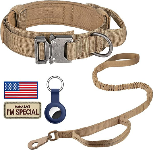 DAGANXI Tactical Dog Collar Leash Set, Adjustable Military Training Nylon Dog Collar with Controll Handle and Heavy Metal Buckle for Medium and Large Dogs，with Patches and Airtags Case (XL, Brown-SET)