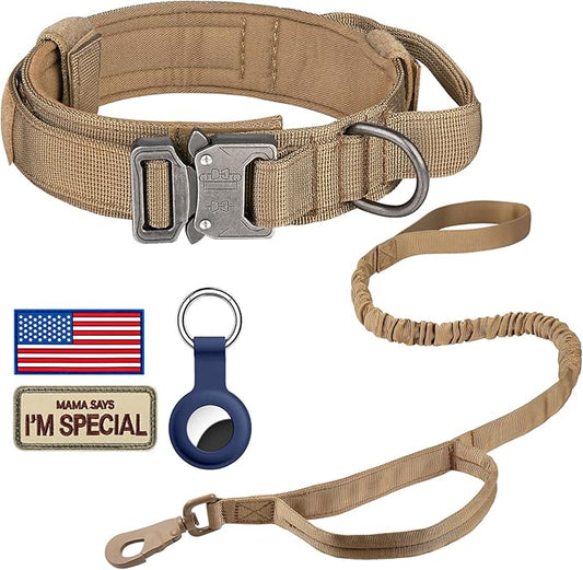 DAGANXI Tactical Dog Collar, Adjustable Military Training Nylon Dog Collar with Control Handle and Heavy Metal Buckle for Medium and Large Dogs, with Patches and Airtags Case (S, Brown-Set)