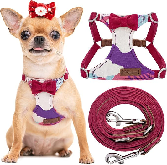 Puppytie No Pull xs Dog Harness with Multifunction Dog Leash,Soft Adjustable No Choke Escape Proof Pet Harness Vest,Suede Bow Wine red,XXS