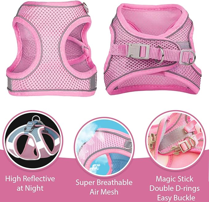 Soft Small Dog Harness and Leash Set Mesh Puppy Harnesses Leash Easy Walk Dog Harness Vest Adjustable Reflective No Pull Dog Harnesses for Small Dogs Cats (Pink,S)