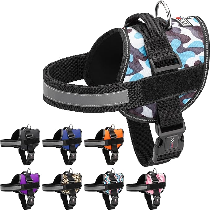 Dogline Dog Harness, Reflective No-Pull Adjustable Vest with Handle for Walking, Training, Breathable, No - Choke Harness for Small, Medium or Large Dogs Room for Patches Girth 22"-28" in Blue Camo