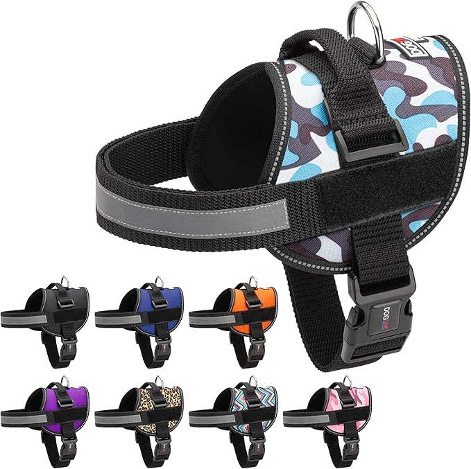 Dogline Dog Harness, Reflective No-Pull Adjustable Vest with Handle for Walking, Training, Breathable, No - Choke Harness for Small, Medium or Large Dogs Room for Patches Girth 33"-46" in Blue Camo