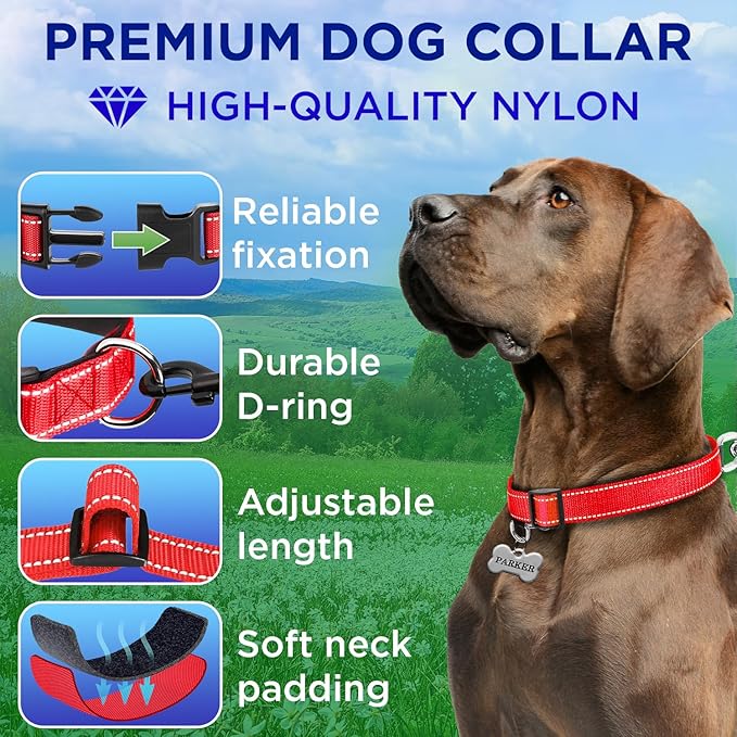 TECEUM Reflective Pet Collar – Red – XL – Extra Soft Padding – Basic Nylon Dog Collar – Quick Release Buckle – Fits Small, Medium and Large Dogs, Puppies, Cats – ESA & Service Dog Options