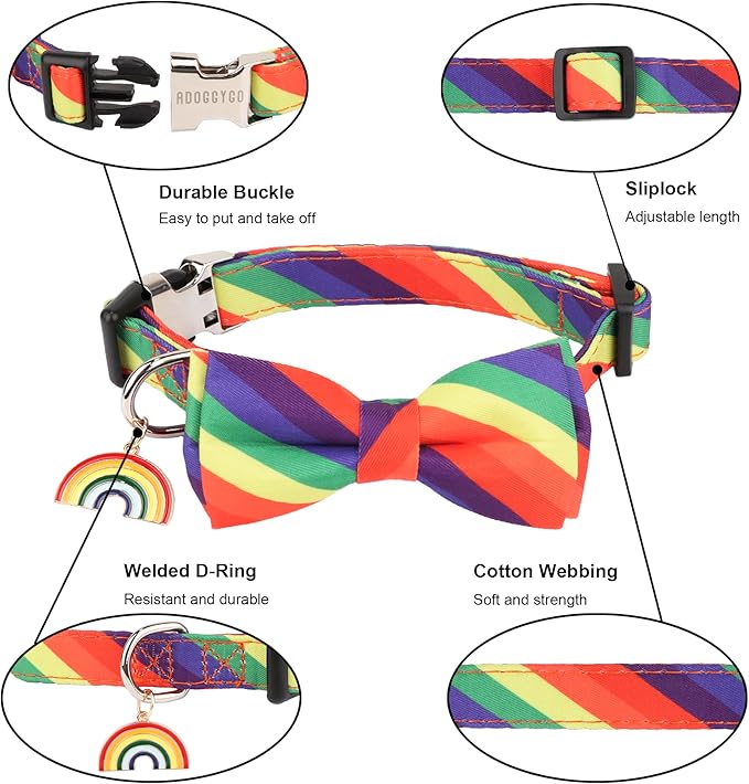 ADOGGYGO Rainbow Dog Collar with Bowtie, Adjustable Striped Pet Bow Collar, LGBT Pride Rainbow Collars for Small Medium Large Dogs Pets (Large)