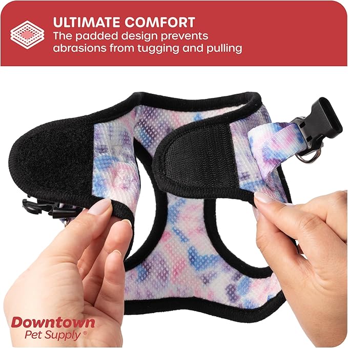Downtown Pet Supply Step in Dog Harness for Small Dogs No Pull, Large, Tie Dye Pink/Purple - Adjustable Harness with Padded Mesh Fabric and Reflective Trim - Buckle Strap Harness for Dogs