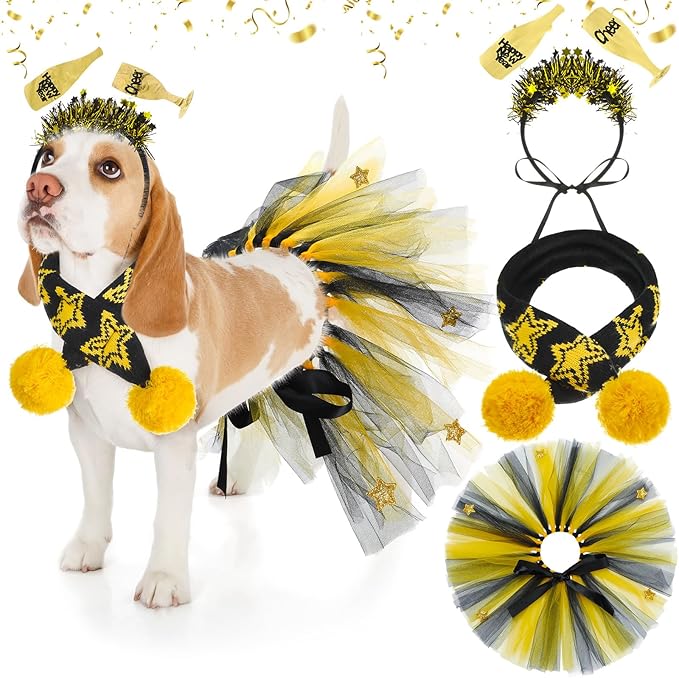 3 Pcs New Year Dog Costume Set Including Wine Glass Headband Happy New Year Dog Tutu Dress Cute Pet Tutu Gold and Black Star Pet Scarf for Medium Animal Holiday Outfit Accessory