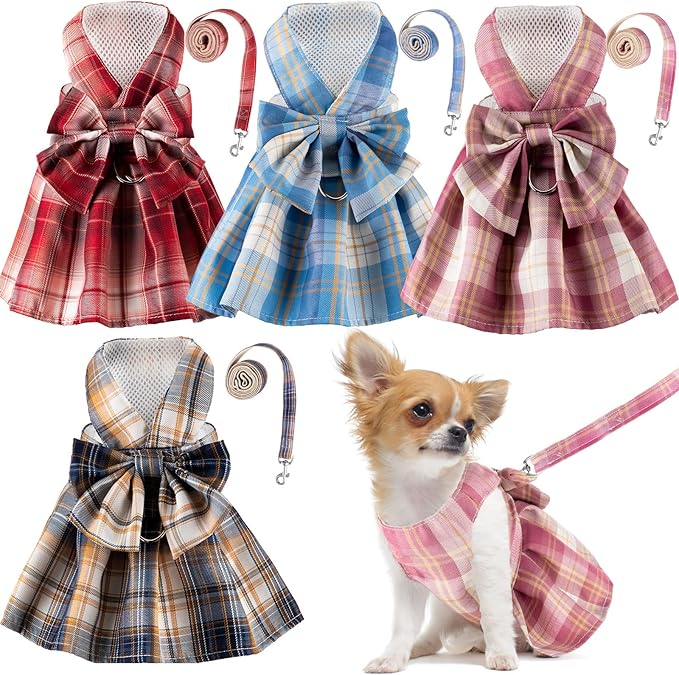 4 Pcs Cute Plaid Dog Dress Set with Bow Tie Harness & Leash for Small Dogs, Puppy Clothes for Girls Summer Outfits(L,Dark Color)