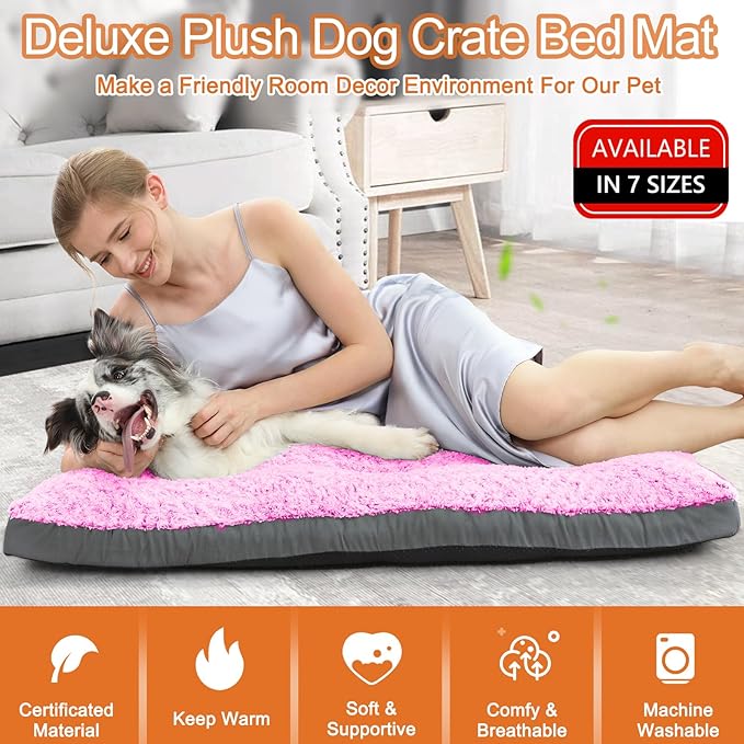 POCBLUE Deluxe Washable Dog Bed for Medium Dogs Dog Crate Mat 30 inch Comfy Fluffy Kennel Pad Anti-Slip for Dogs Up to 40 lbs, 30" x 19", Pink