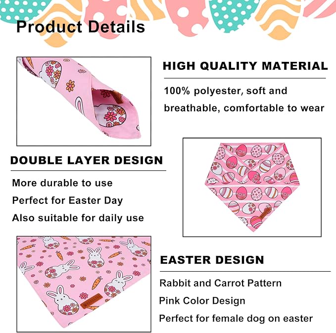 ADOGGYGO Easter Dog Bandana, Pink Bunny Scarf, Premium Durable Fabric, Adjustable Fit Female Pet Easter Bandanas for Medium Large Dogs (Large)