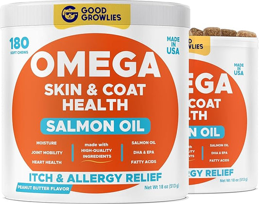 Omega 3 Fish Oil for Dogs (360Ct) - Skin&Coat Chews - Dry & Itchy Skin Relief + Allergy Support - Shiny Coat - EPA&DHA Fatty Acids - Salmon Oil Chews Promotes Heart, Hip & Joint Support