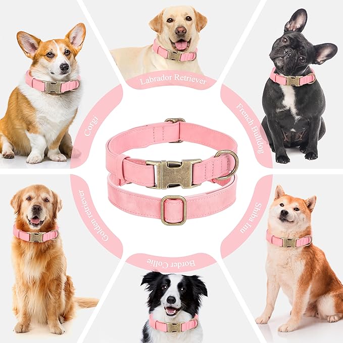 Soft Leather Dog Collar for Small Medium Large Dogs, Heavy Duty Dog Collar Leather with Quick Release Metal Buckle, Durable & Adjustable for Small Dogs Walking (Pink, S)