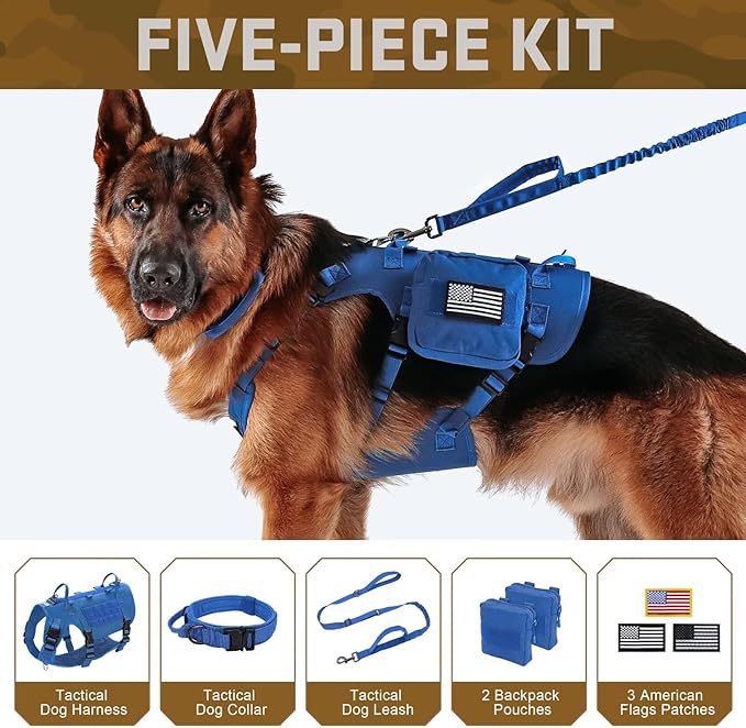 Forestpaw Tactical Dog Harness for Large Dogs,Tactical Dog Collar with Bungee Leash Set,No Pull Military Dog Harness for Walking Training,Adjustable for Medium Large Dogs,Blue,Chest 19.5-41.5"
