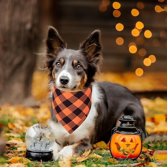 ADOGGYGO Fall Dog Bandanas 2 Pack, Halloween Thanksgiving Holiday Pet Scarf, Multiple Sizes Offered, Orange Plaid Fall Bandana for Medium Large Dogs (Large)