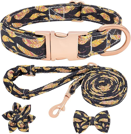 Dog Collar and Leash Set Adjustable Girls Puppy Floral Collars with Bow Tie for Small Medium Large Dogs(XS, Feather)