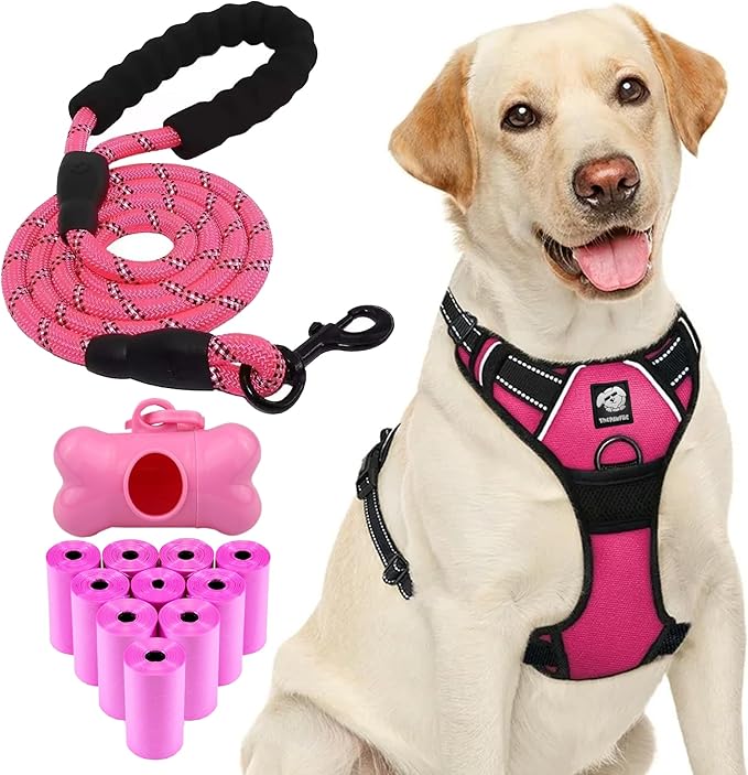Dog Harness and Leash Set - No Pull Vest & Reflective Leash with Foam Handle, Adjustable Oxford Halter, for Walking & Training - Includes 150 Poop Bags & Bone-Shaped Dispenser - Pink, S