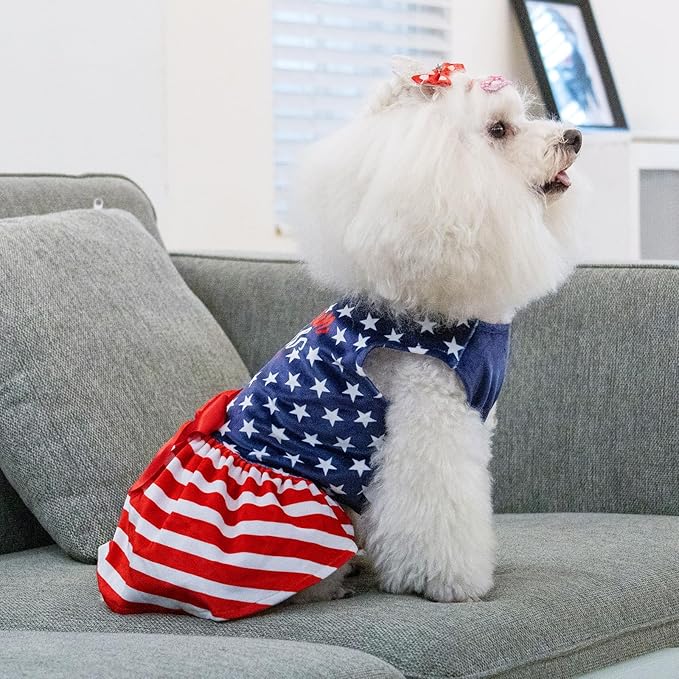 CuteBone Dog Dresses Velvet 4th of July Small Dogs Clothes Onesie Pet Apparel Girl Puppy Skirt with Bow Hair Rope CVA39XS-D