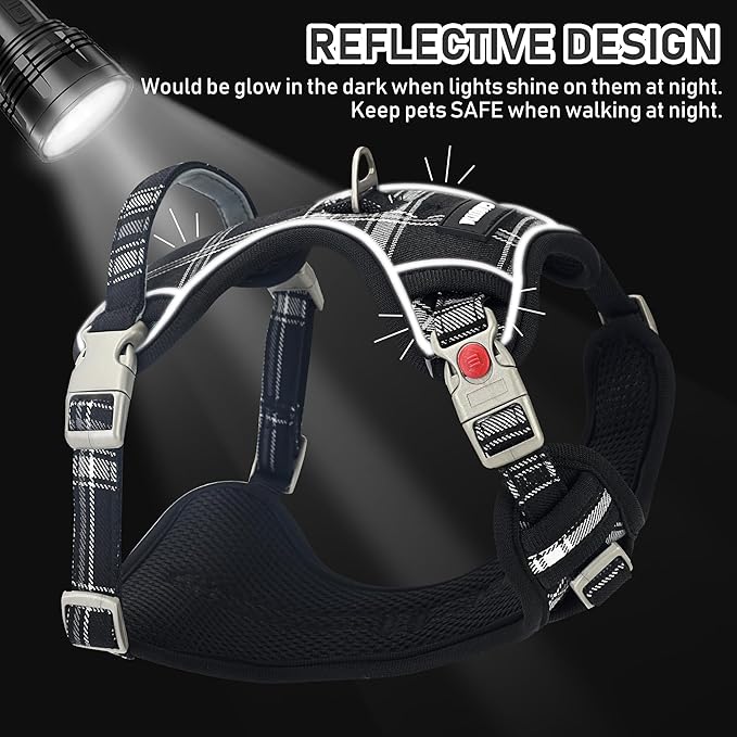 GAMUDA Dog Harness Collar and Leash Set, Horse Care Sheets, No Chock No Pull Adjustable Vest Harnesses Plaid Reflective for Medium Dog, Cat, Small Horse, Small Bull and Pig (Black, S)