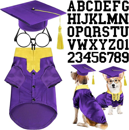 5 Pcs Dog Graduation Costume Set Include 2025 Pet Graduation Gown with Stole Puppy Grad Cap Lensless Glasses DIY Letter Stickers for Dogs Cats Holiday Costume Accessory(Purple Yellow,L)