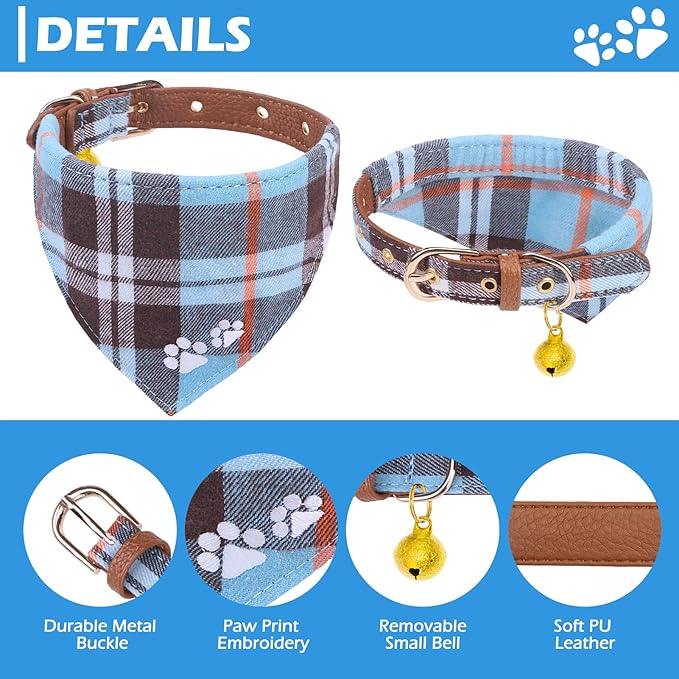 EXPAWLORER Puppy Collar and Leash - Embroidery Pawprints Plaid Small Dog Collar and Leash Set, Cute Dog Bandana Collar with Bell, Adjustable Dog Collars for Small Dogs Cats Girl Boy, SkyBlue Small