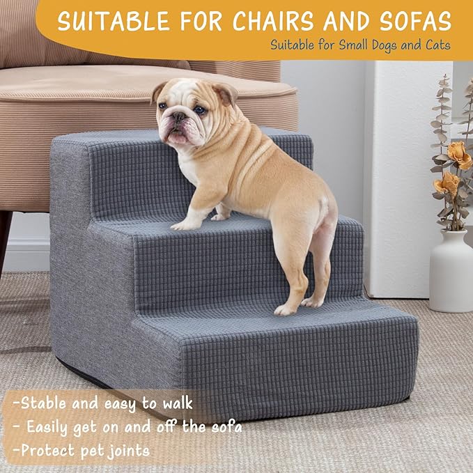 Dog Stairs for Small Dogs & Cats, 3-Step Non-Slip Pet Steps for Couch Sofa and Chair, Grey, 13.6" H