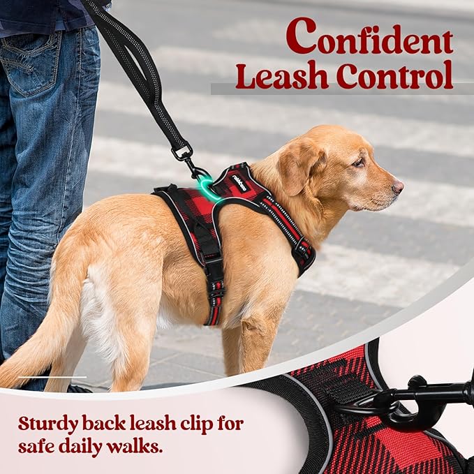 rabbitgoo Dog Harness No Pull with 2 Leash Clips, Adjustable Soft Padded, Reflective Oxford No Choke Pet Vest with Easy Control Handle for Medium Sized Dogs, Red Plaid, M