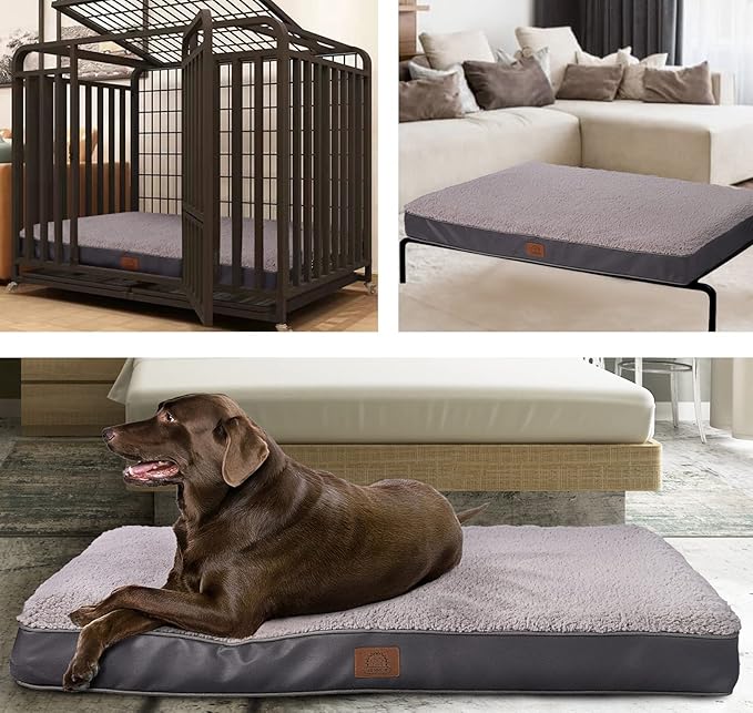 Orthopedic Dog Bed for Large Dogs and Extra Large Dogs, XL Waterproof Dog Bed with Removable Washable Cover & Anti-Slip Bottom, Crate Bed, Deluxe Plush Pet Bed Mat, L-Plus(36"X27"X3"), Grey