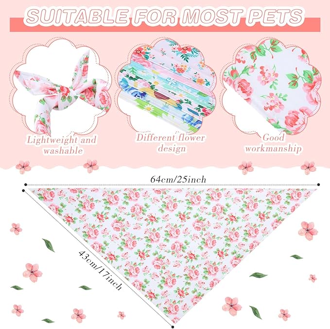 Silkfly 50 Pieces Summer Bandanas for Dog Bulk Adjustable Spring Triangle Scarf with Flower Floral Dog Bandanas Bibs Washable Pet Kerchief for Small Medium Large Pet Cat Costume Accessories Decoration