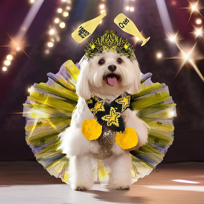 3 Pcs New Year Dog Costume Set Including Wine Glass Headband Happy New Year Dog Tutu Dress Cute Pet Tutu Gold and Black Star Pet Scarf for Medium Animal Holiday Outfit Accessory