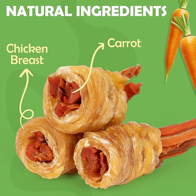 MON2SUN Rawhide Free Dog Treats, Chicken Wrapped Carrot Snacks, Healthy and Natural Chews for Small Dogs, 10.6oz (15 Count - Pack of 1)
