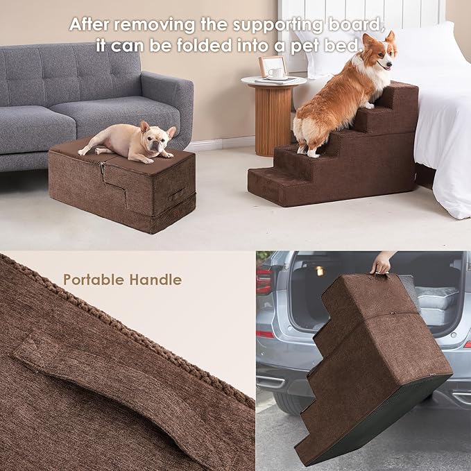 EHEYCIGA Dog Stairs for High Bed 25”H, 5-Step Extra Wide Dog Steps for Bed, Pet Steps for Small Dogs and Cats, Non-Slip Balanced Dog Indoor Ramp, Brown