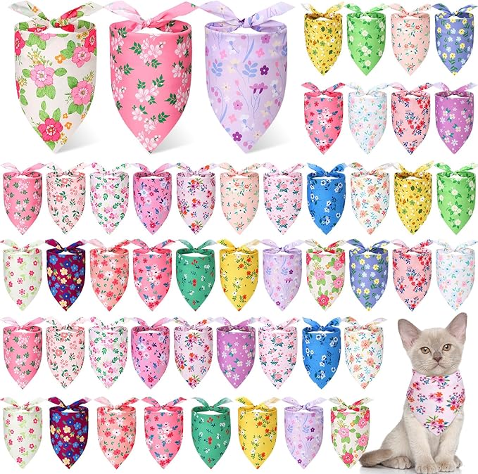 Preboun 50 Pcs Spring Dog Bandanas Bulk Flower Floral Bandanas for Dogs Soft Kerchief for Small Medium Large Pets Puppy Spring Costume Accessories(31.5 x 21.7 x 21.7 Inch)