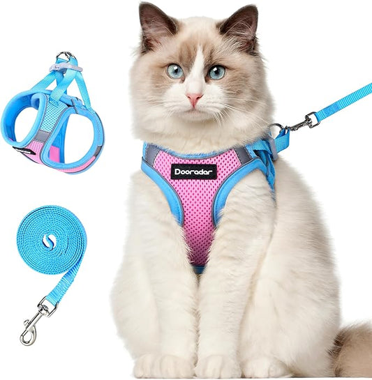 Dooradar Cat Harness and Leash Set, Escape Proof Lightweight Kitten Harness, Soft Breathable Reflective Vest for Outdoor Walking Traveling, Adjustable for Large Cats, Pink & Blue, L