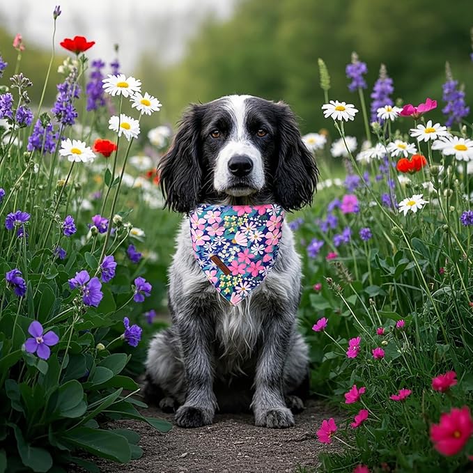 Lionet Paws Summer Floral 2pcs Dog Bandanas, Pink Daisy Dog Scarf Bib Premium Fabric, Blue Blossoms Bandanas for Small Dogs Pets