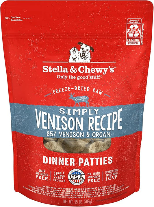 Stella & Chewy's Freeze-Dried Raw Dinner Patties - Simply Venison Recipe - High Protein Grain-Free Puppy & Dog Food - Perfect For Picky Eaters - 25 oz