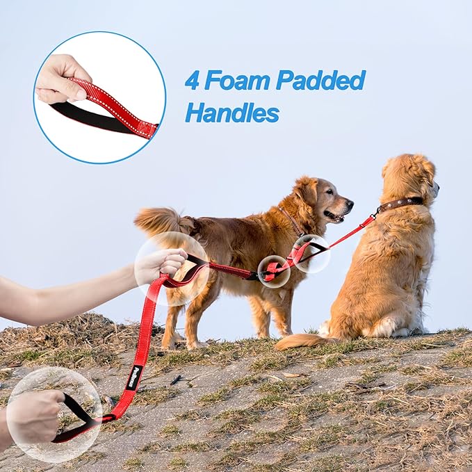 PetBonus Double Dog Leash, No Tangle Dual Leash, Reflective Walking Training Lead, 4 Comfortable Padded Handles for 2 Dogs with Collapsible Bowl and Waste Bags (Red, Large)