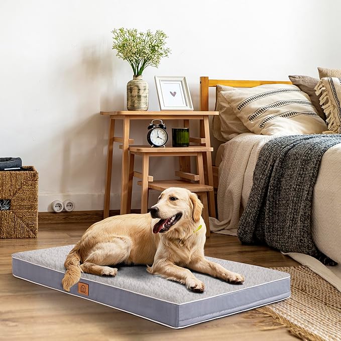 Orthopedic Dog Bed for Extra Large Dogs, Jumbo Waterproof Deluxe Plush Dog Crate Bed with Removable Washable Cover & Anti-Slip Bottom, Egg Crate Foam Pet Bed Mat, 47.5 x 29 Inches, Silver Grey