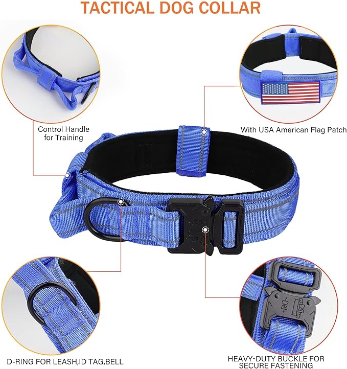 KCUCOP Tactical Dog Collar for Medium & Large Dogs - Military Nylon Heavy Duty Collar with Handle, Reflective Strip & Metal Buckle for Training, Outdoor (Dark Blue Reflective, Medium)