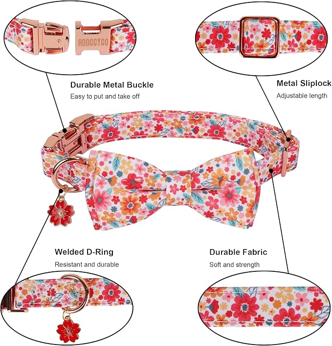 ADOGGYGO Floral Dog Collar with Bow, Metal Buckle, Adjustable Red Pink Pet Flower Collar for Extra Small Dogs (X-Small)
