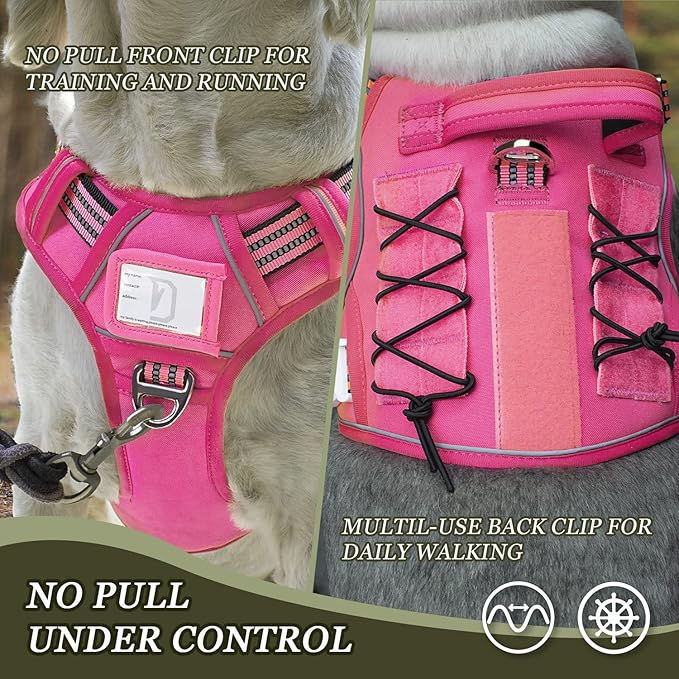 Tactical Dog Harness for Medium Large Dogs, Pink Dog Harness with ID Card, Reflective Hiking Harness for Training Easy Control Dog Vest with Handle Pink