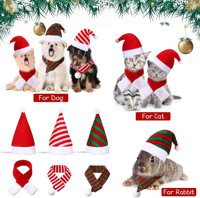 6 Pieces Pet Cat Dog Christmas Hat with Scarf pet Santa Hat Scarf Set Holiday Party Cute Costumes for Small Dogs Cats