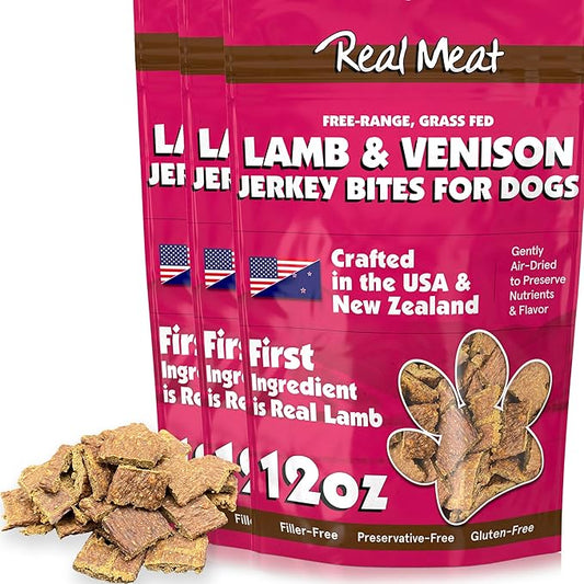 Real Meat Dog Treats - Three 12oz Bag of Bite-Sized Air-Dried Lamb & Venison Jerky for Dogs - Grain-Free Jerky Dog Treats with 95% All-Natural, Free-Range, Grass Fed Lamb & Venison