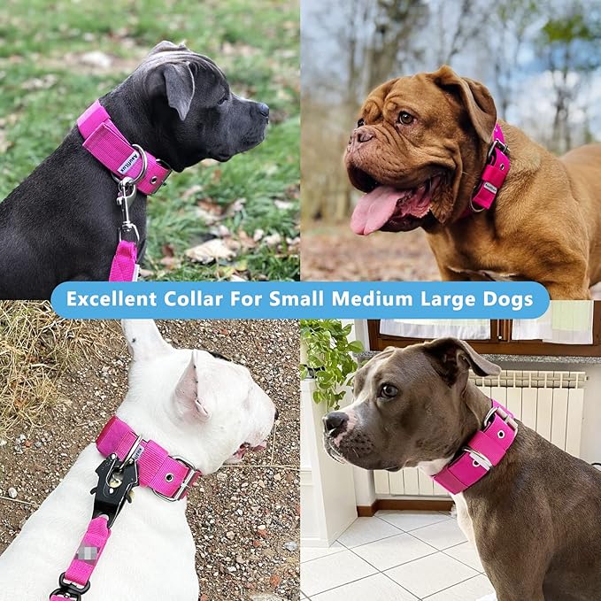 Heavy Duty Tactical Dog Collar - 1.5" Width Military Durable Thick Nylon with Adjustable Metal D Ring & Buckle Working Training K9 Collar for Medium Large Dogs (S(14"-17"), Hot Pink)