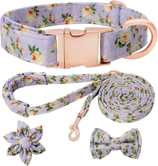 Dog Collar and Leash Set Girls Adjustable Puppy Collars with Floral Bow Tie for Small Medium Large Female Dogs, Light Purple Flower, L