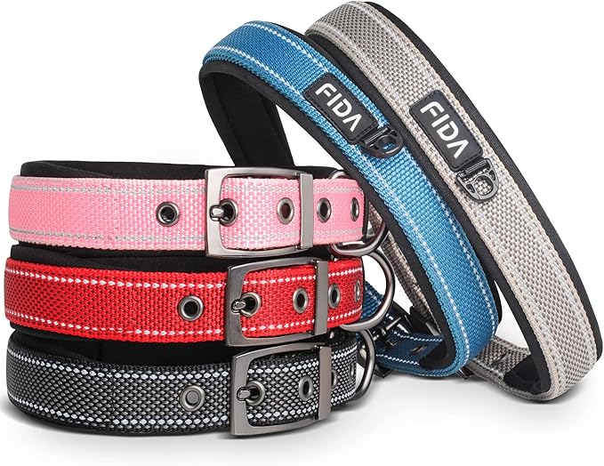 Fida Heavy Duty Dog Collar, Ultra Comfortable Soft Neoprene Padded, Adjustable Reflective Nylon Pet Collar with Durable Metal Belt Buckle for Large Breeds (L, Red)